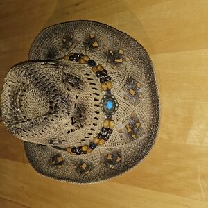 Stylish Brown Woven Hat with Beaded Accent